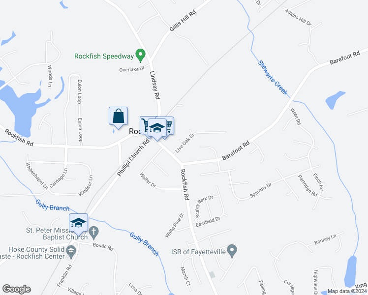 map of restaurants, bars, coffee shops, grocery stores, and more near 106 Live Oak Drive in Raeford