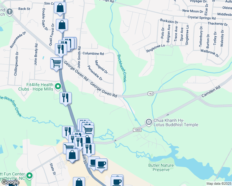 map of restaurants, bars, coffee shops, grocery stores, and more near 2907 George Owen Road in Fayetteville