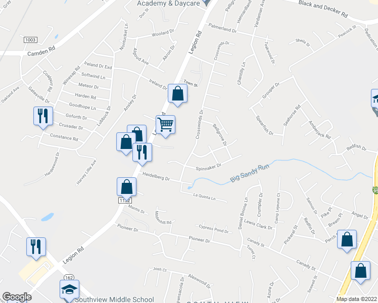 map of restaurants, bars, coffee shops, grocery stores, and more near 3644 Crosswinds Drive in Hope Mills