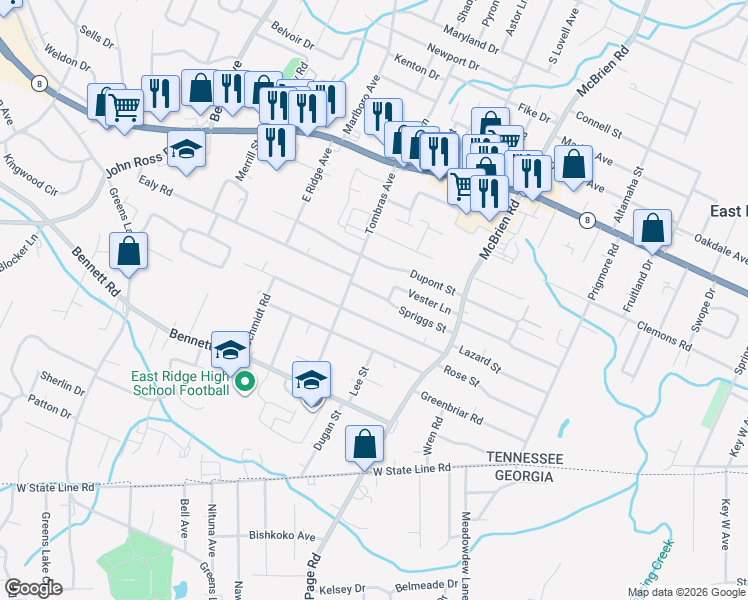 map of restaurants, bars, coffee shops, grocery stores, and more near 4305A Spriggs Street in East Ridge