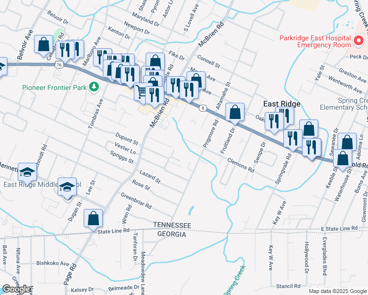 map of restaurants, bars, coffee shops, grocery stores, and more near 5322 Clemons Road in East Ridge