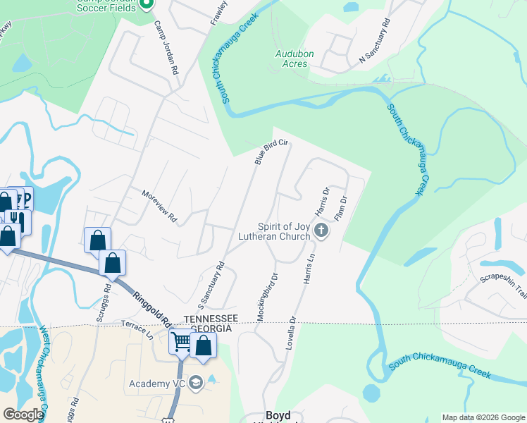 map of restaurants, bars, coffee shops, grocery stores, and more near 654 Blue Bird Circle in Chattanooga