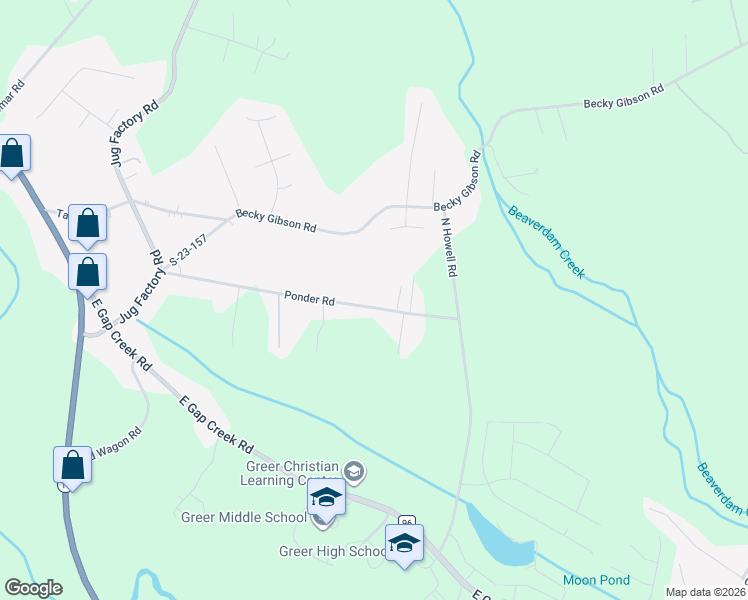 map of restaurants, bars, coffee shops, grocery stores, and more near 313 Ponder Road in Greer