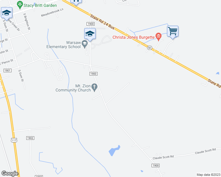 map of restaurants, bars, coffee shops, grocery stores, and more near 117 Bruce Costin Road in Warsaw