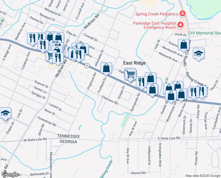 map of restaurants, bars, coffee shops, grocery stores, and more near 1513 Maxwell Road in Chattanooga