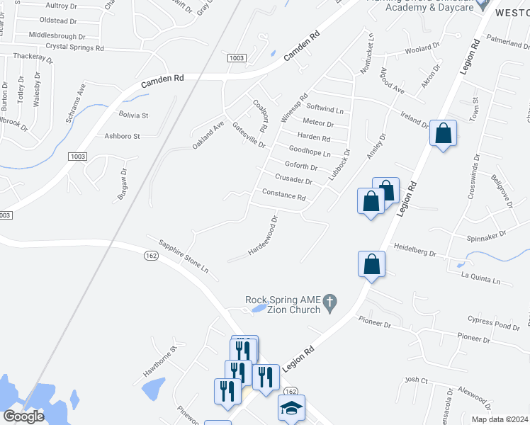 map of restaurants, bars, coffee shops, grocery stores, and more near 3633 Lubbock Drive in Hope Mills