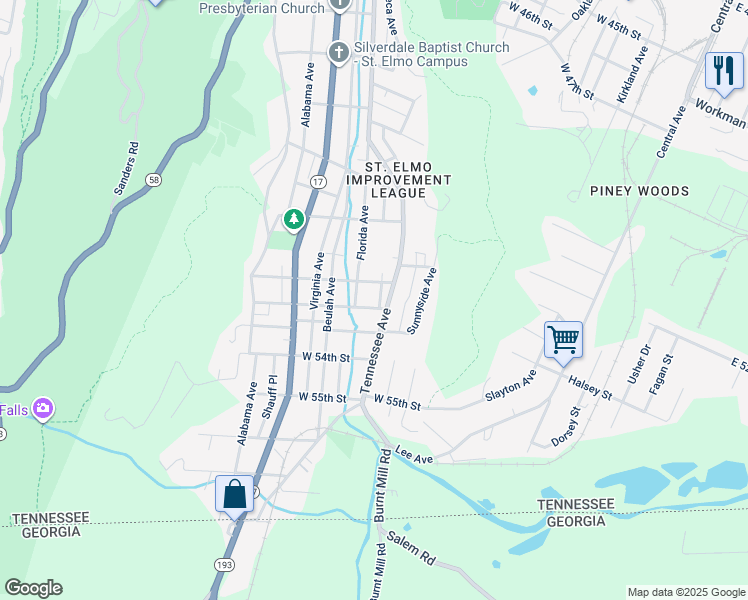 map of restaurants, bars, coffee shops, grocery stores, and more near 5103 Lynnwood Avenue in Chattanooga