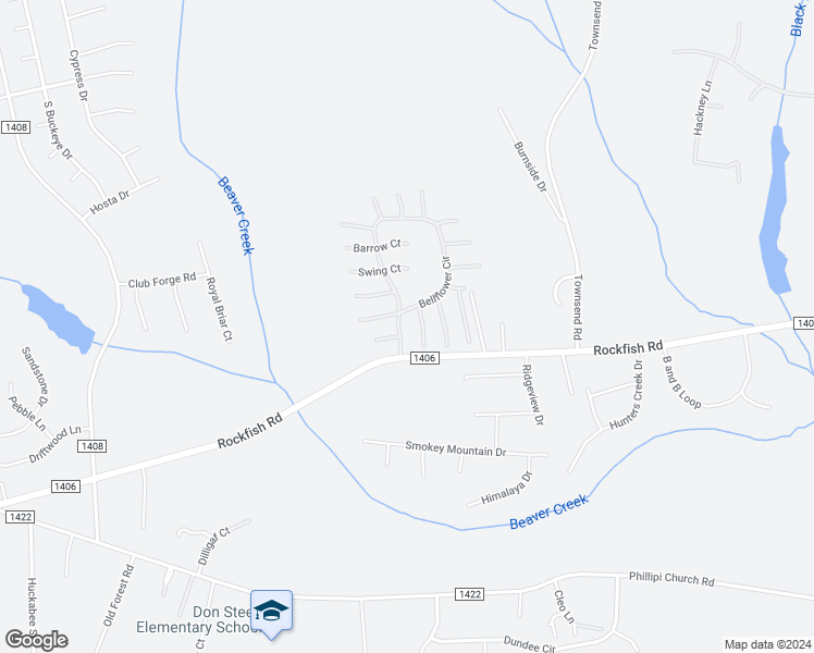 map of restaurants, bars, coffee shops, grocery stores, and more near 202 Bellflower Circle in Raeford