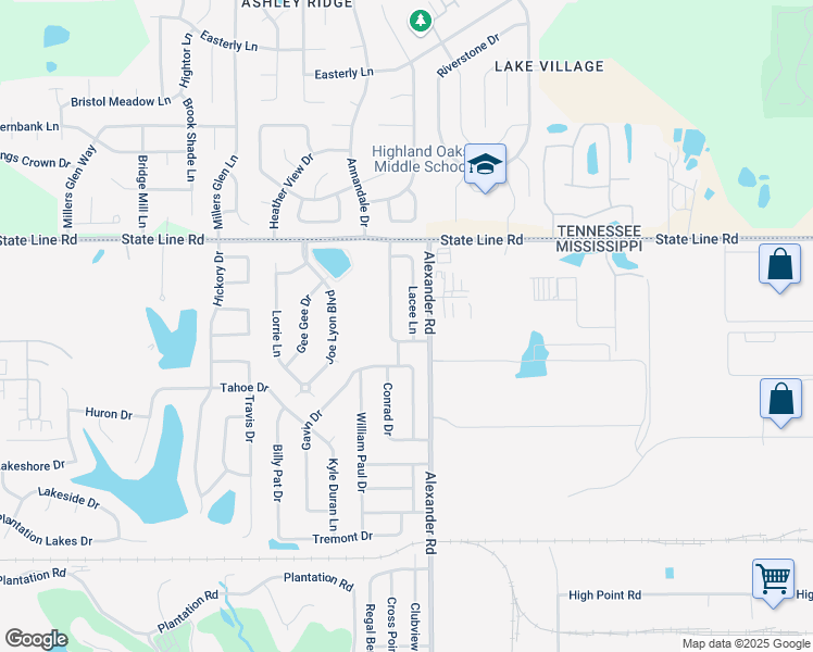 map of restaurants, bars, coffee shops, grocery stores, and more near 9307 Lacee Lane in Olive Branch