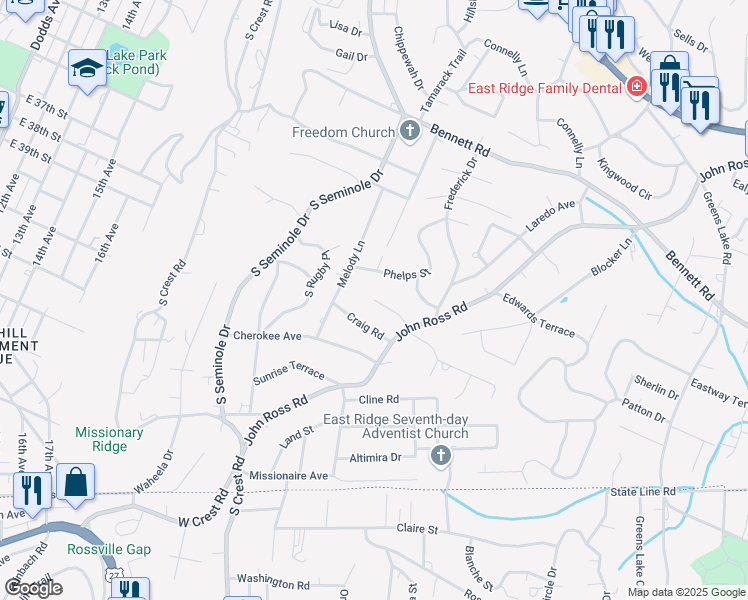 map of restaurants, bars, coffee shops, grocery stores, and more near 3624 Shirl Jo Lane in East Ridge