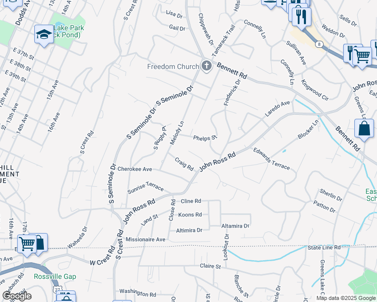 map of restaurants, bars, coffee shops, grocery stores, and more near 3600 Shirl Jo Lane in East Ridge