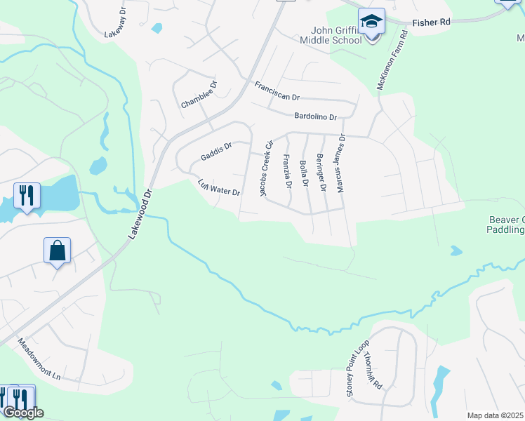 map of restaurants, bars, coffee shops, grocery stores, and more near 6308 Nakoma Way in Fayetteville