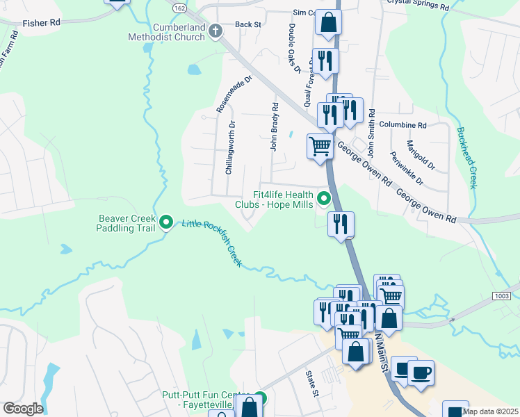 map of restaurants, bars, coffee shops, grocery stores, and more near 2945 Loon Drive in Fayetteville