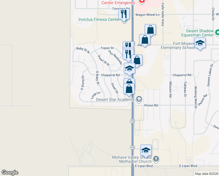 map of restaurants, bars, coffee shops, grocery stores, and more near 5676 Pasadena Road in Bullhead City