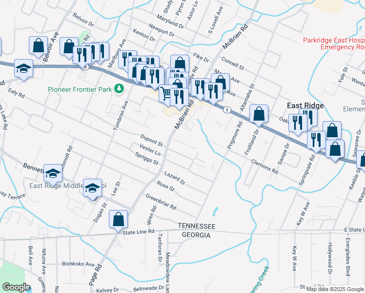 map of restaurants, bars, coffee shops, grocery stores, and more near 1602 Mcbrien Road in Chattanooga