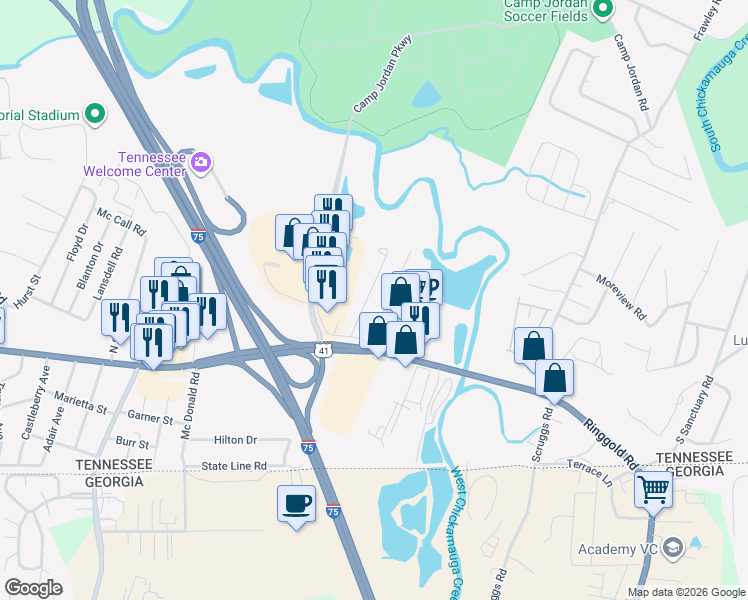 map of restaurants, bars, coffee shops, grocery stores, and more near 1319 Saint Thomas Street in Chattanooga