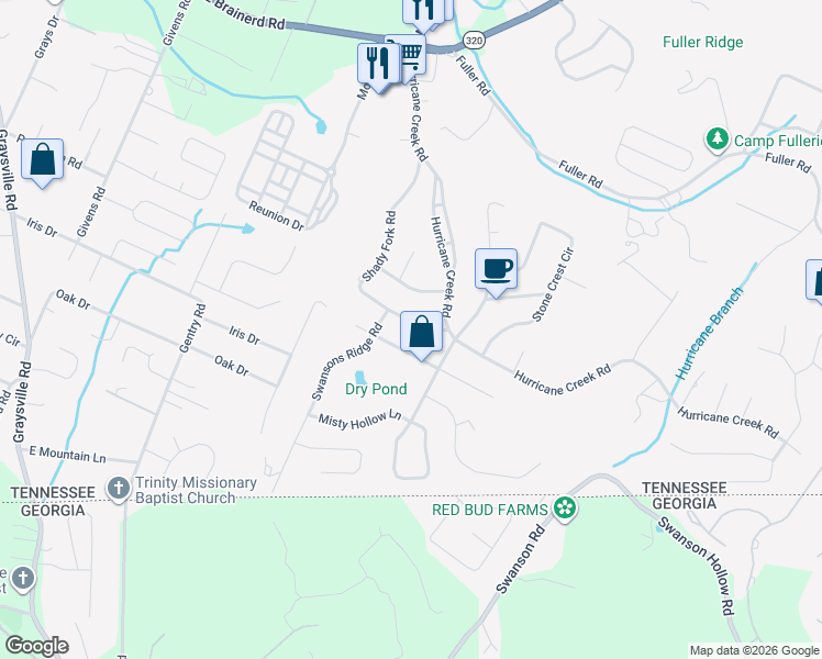 map of restaurants, bars, coffee shops, grocery stores, and more near 893 Shady Fork Rd in Chattanooga
