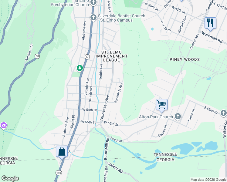 map of restaurants, bars, coffee shops, grocery stores, and more near 5106 Tennessee Avenue in Chattanooga
