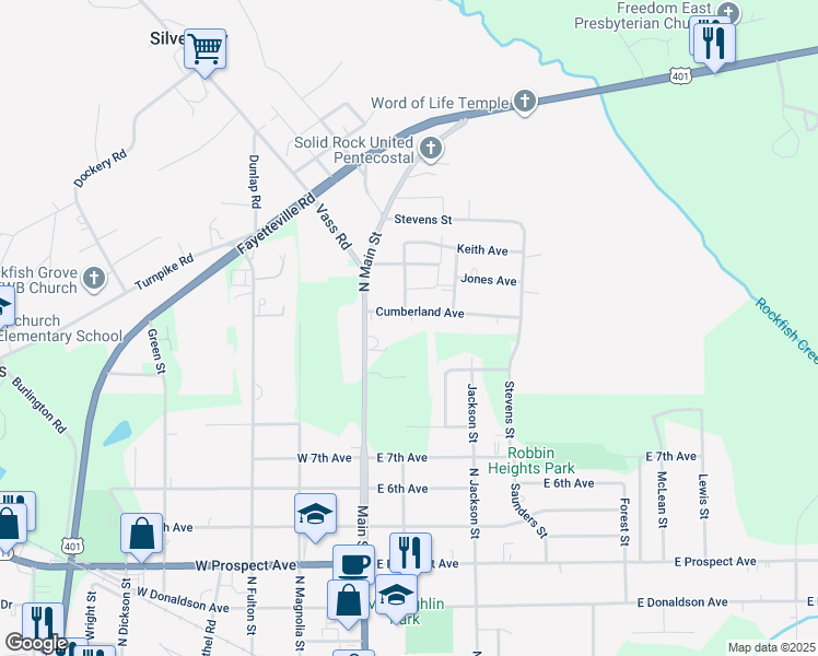 map of restaurants, bars, coffee shops, grocery stores, and more near 128 Sherman Court in Raeford