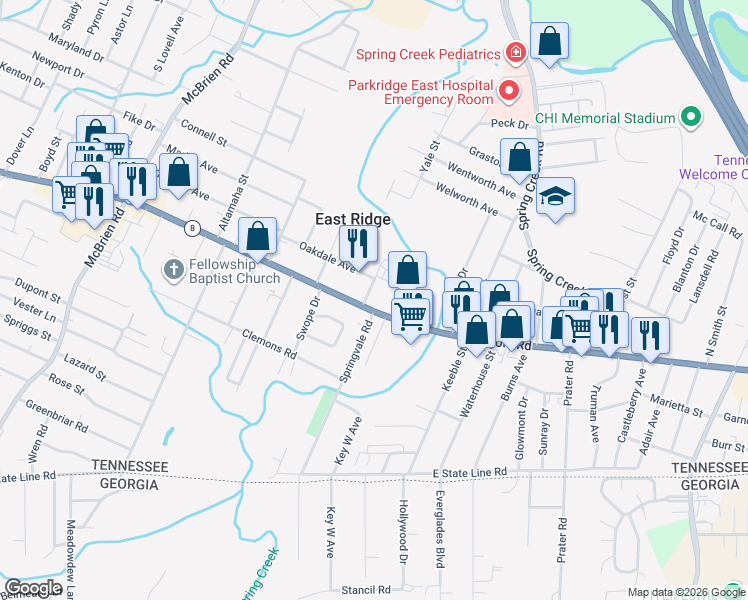 map of restaurants, bars, coffee shops, grocery stores, and more near 5701 Ringgold Road in Chattanooga