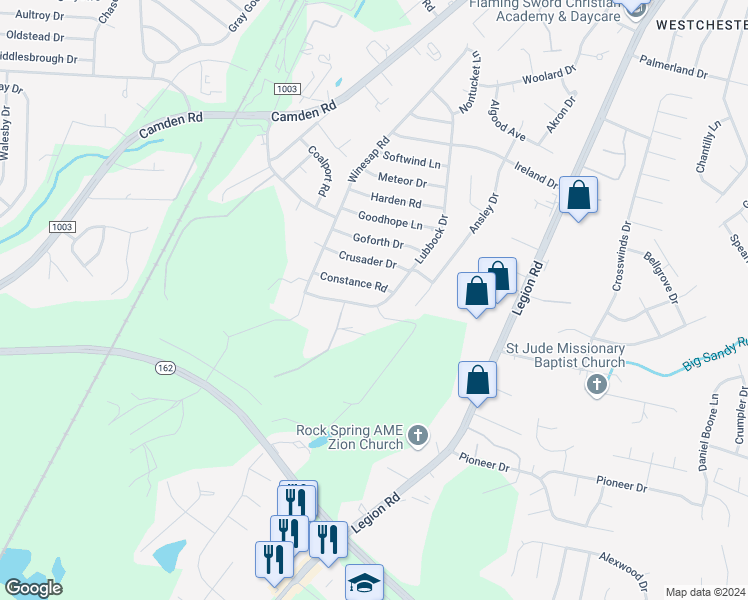 map of restaurants, bars, coffee shops, grocery stores, and more near 3608 Lubbock Drive in Hope Mills