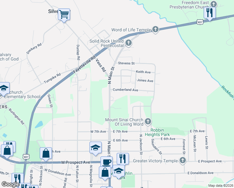 map of restaurants, bars, coffee shops, grocery stores, and more near 211 Cumberland Avenue in Raeford
