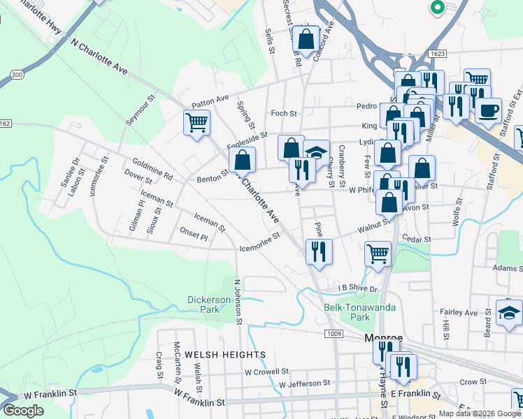 map of restaurants, bars, coffee shops, grocery stores, and more near 1139 North Charlotte Avenue in Monroe