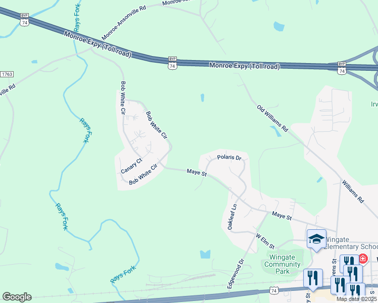 map of restaurants, bars, coffee shops, grocery stores, and more near 105 Polaris Drive in Wingate