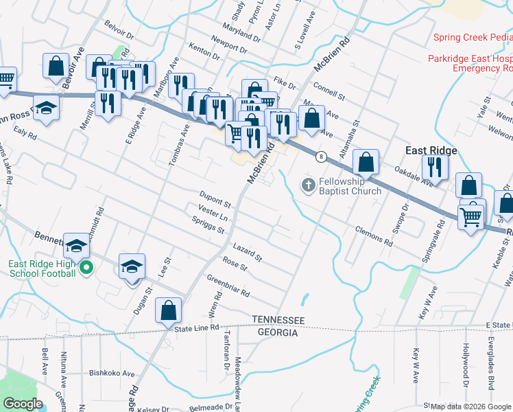 map of restaurants, bars, coffee shops, grocery stores, and more near 1602 Mcbrien Road in Chattanooga