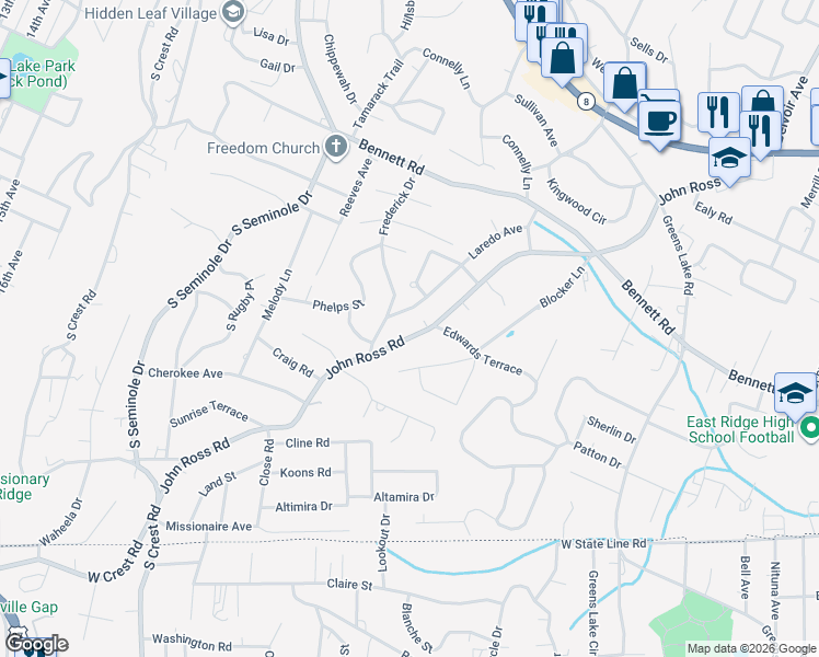 map of restaurants, bars, coffee shops, grocery stores, and more near 1407 John Ross Road in Chattanooga