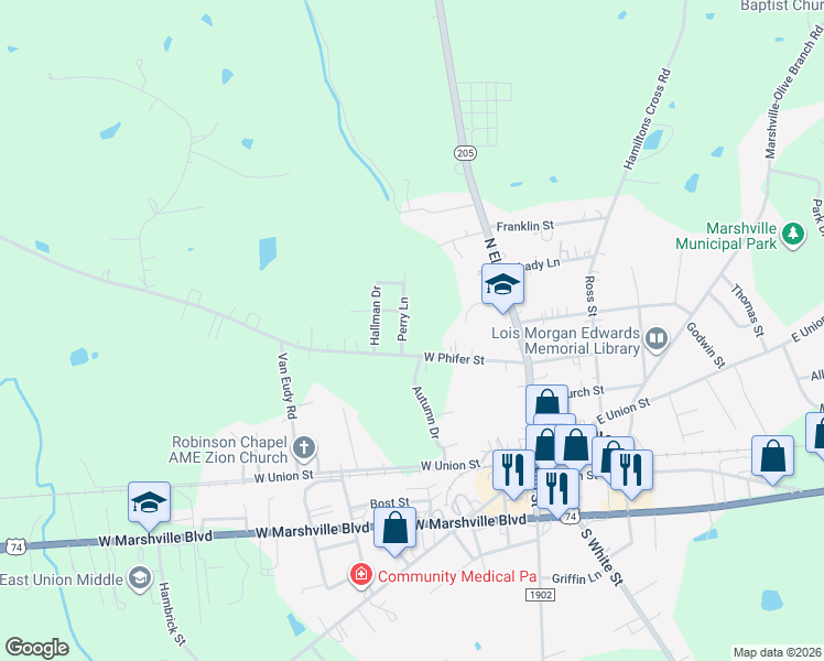 map of restaurants, bars, coffee shops, grocery stores, and more near 410 Perry Lane in Marshville