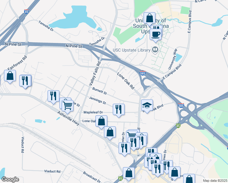map of restaurants, bars, coffee shops, grocery stores, and more near 145 Cain Circle in Spartanburg