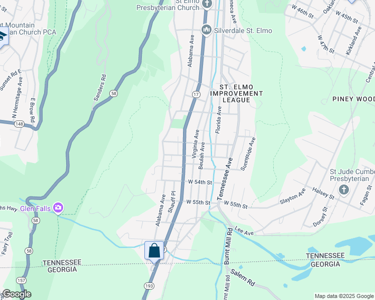 map of restaurants, bars, coffee shops, grocery stores, and more near 5106 Saint Elmo Avenue in Chattanooga