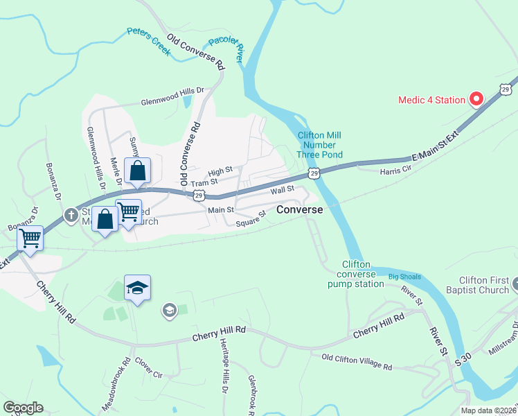 map of restaurants, bars, coffee shops, grocery stores, and more near 336 Main Street in Converse