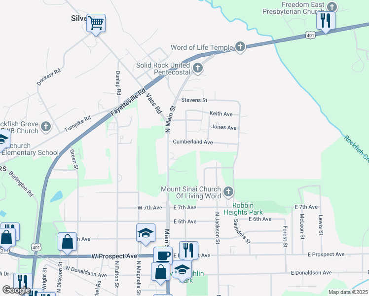 map of restaurants, bars, coffee shops, grocery stores, and more near 211 Cumberland Avenue in Raeford