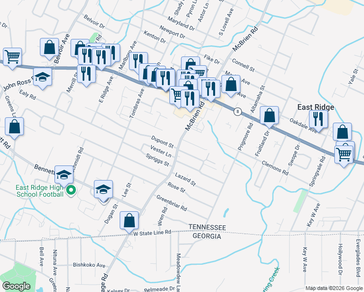 map of restaurants, bars, coffee shops, grocery stores, and more near 1606 Mcbrien Road in Chattanooga