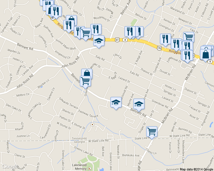 map of restaurants, bars, coffee shops, grocery stores, and more near 2007 Pioneer Ridge Trail in Chattanooga