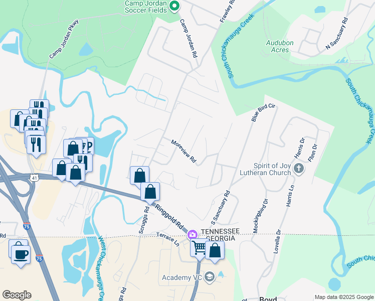 map of restaurants, bars, coffee shops, grocery stores, and more near 547 Benson Drive in Chattanooga
