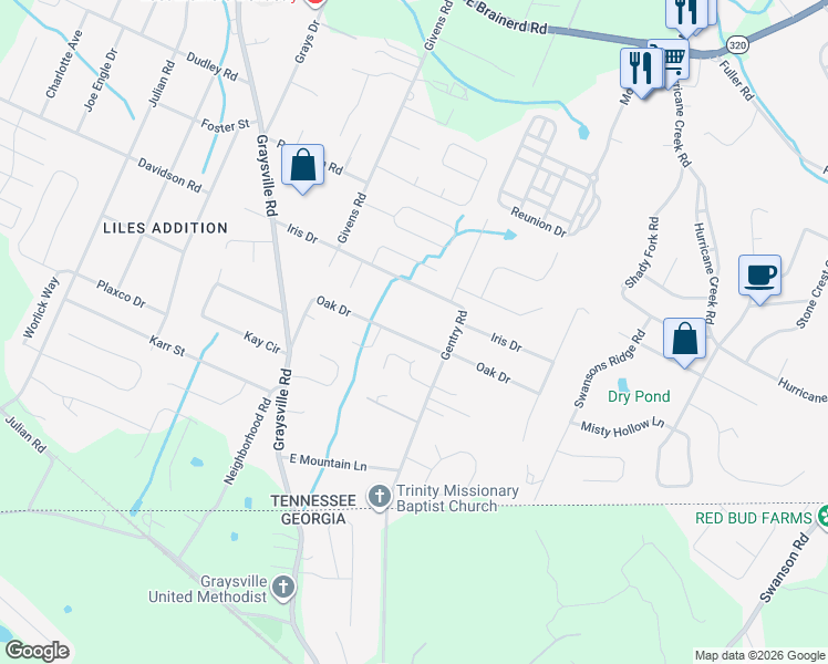 map of restaurants, bars, coffee shops, grocery stores, and more near 8355 Oak Drive in Chattanooga
