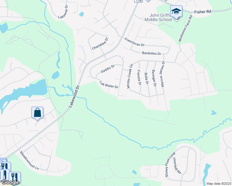 map of restaurants, bars, coffee shops, grocery stores, and more near 2305 Lull Water Drive in Fayetteville
