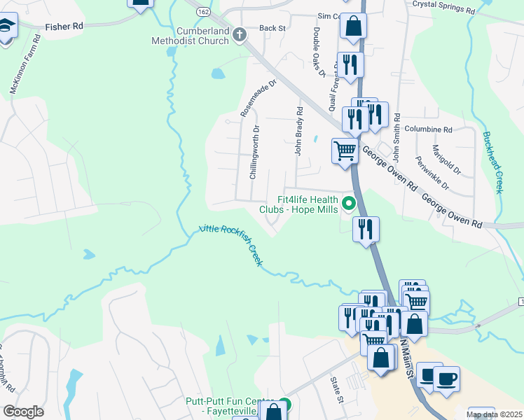 map of restaurants, bars, coffee shops, grocery stores, and more near 3006 Kingfisher Drive in Fayetteville