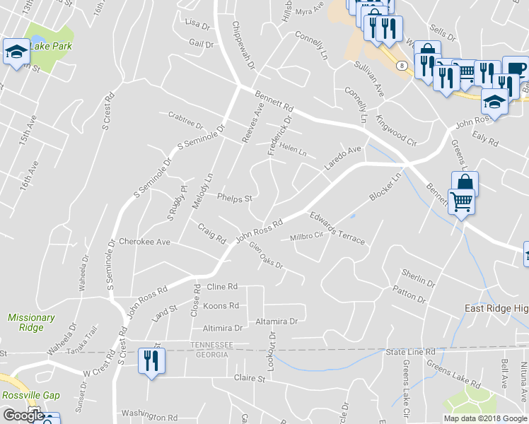 map of restaurants, bars, coffee shops, grocery stores, and more near 1323 Frederick Drive in Chattanooga