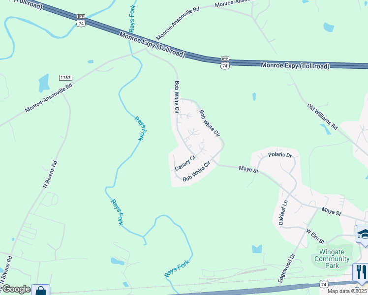 map of restaurants, bars, coffee shops, grocery stores, and more near 2907 Bob White Circle in Wingate