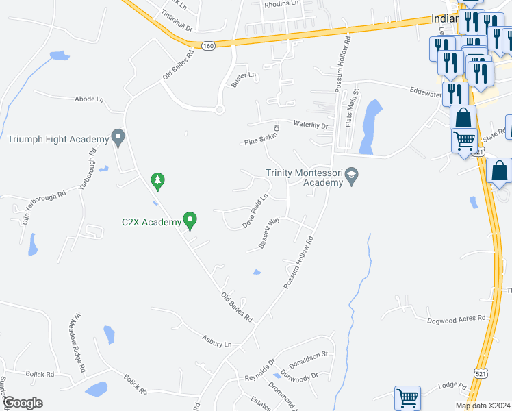 map of restaurants, bars, coffee shops, grocery stores, and more near Dove Field Lane in Fort Mill