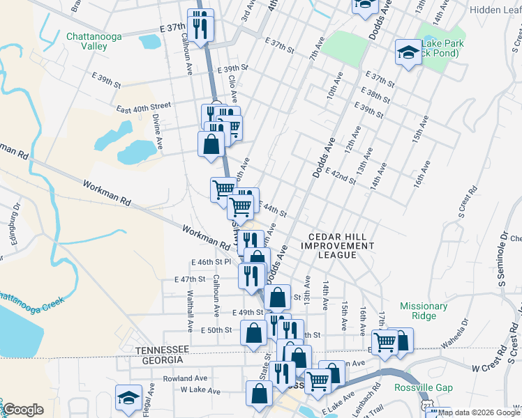 map of restaurants, bars, coffee shops, grocery stores, and more near 2600 East 44th Street in Chattanooga