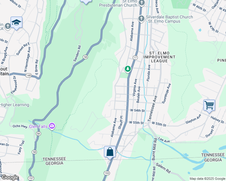 map of restaurants, bars, coffee shops, grocery stores, and more near 5121 Alabama Avenue in Chattanooga