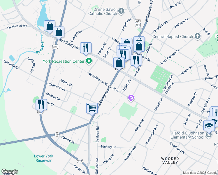 map of restaurants, bars, coffee shops, grocery stores, and more near 13 South Congress Street in York