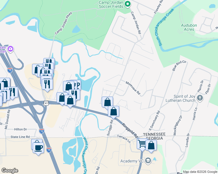 map of restaurants, bars, coffee shops, grocery stores, and more near 6881 Village Lake Circle in East Ridge