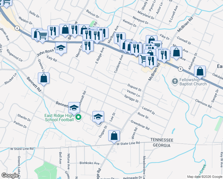 map of restaurants, bars, coffee shops, grocery stores, and more near 4305A Spriggs Street in East Ridge