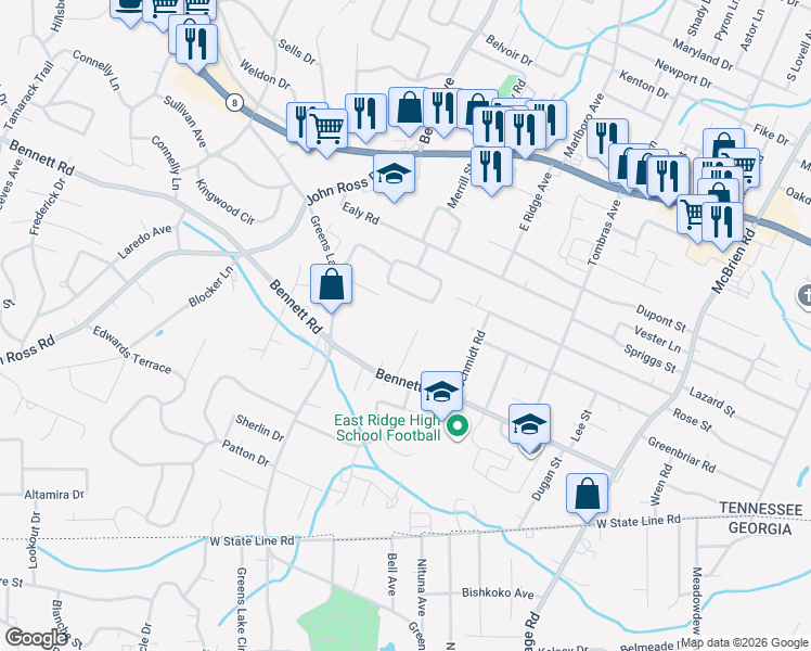 map of restaurants, bars, coffee shops, grocery stores, and more near 2007 Pioneer Ridge Trail in Chattanooga